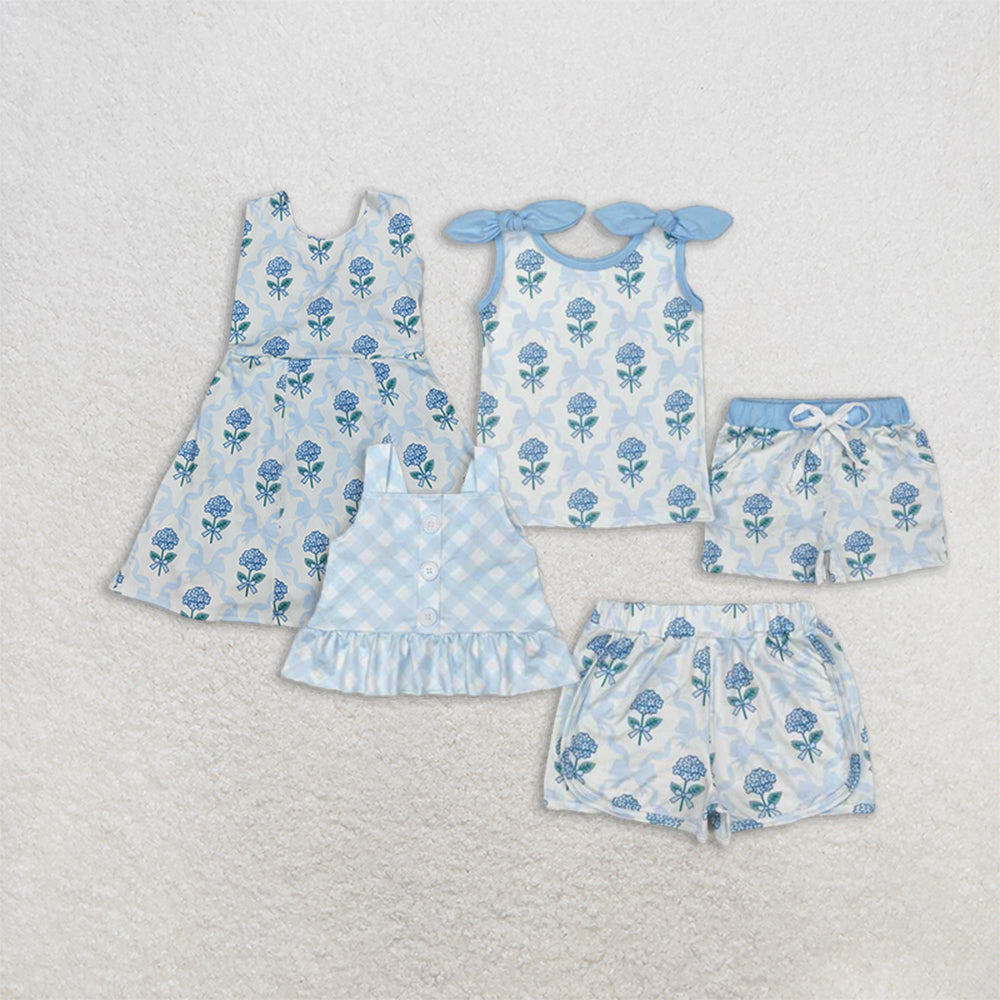 6.04   Girls Light Blue Plaid Straps Top Floral Bow Shorts Set Cute Preppy Outfit for Kids