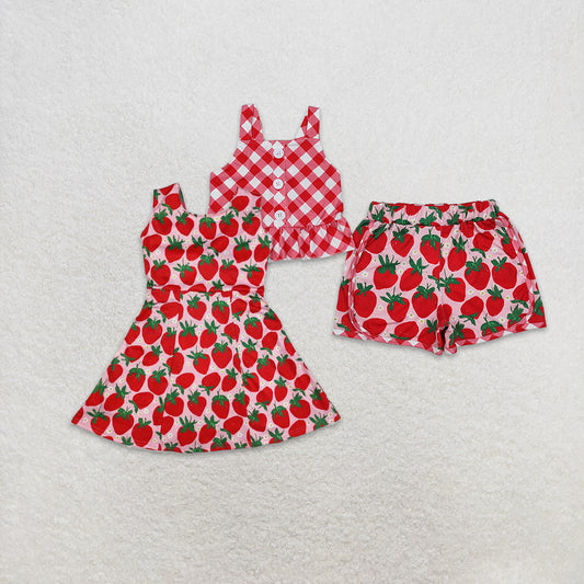 6.07   Kids Girls Red Plaid Peplum Strawberry Shorts Summer Outfits Casual Breathable Clothing for Children