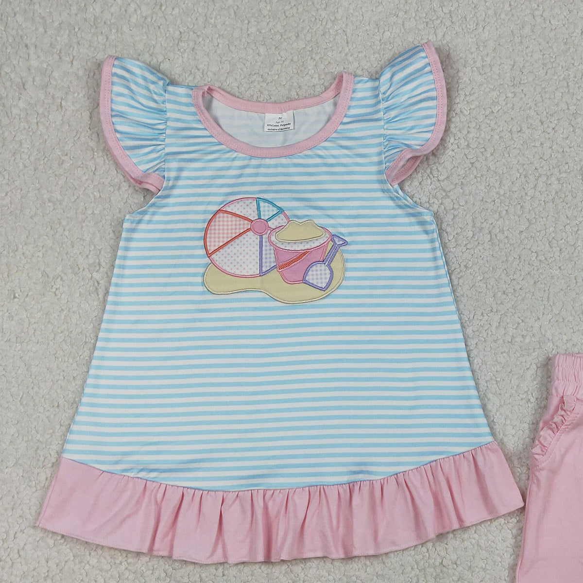 4.7 GSSO3109 RTS NO MOQ （In stock ）Embroidery Beach Baby Girls Blue Stripe Tunic Pockets Shorts Clothes Sets