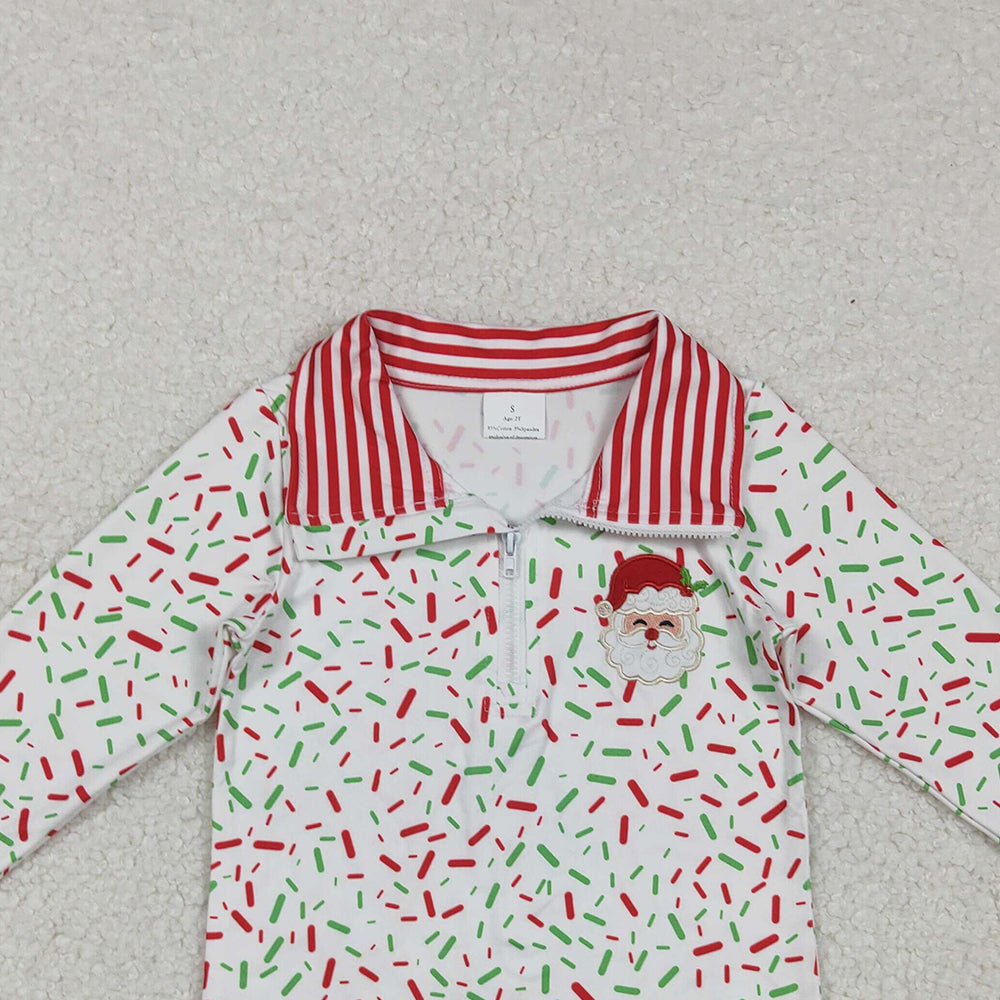 RTS NO MOQ （In stock）BT1294 Baby Boys Long Sleeve Tops Embroidery Santa  Red Green Spinkles Zipper Pullovers Top