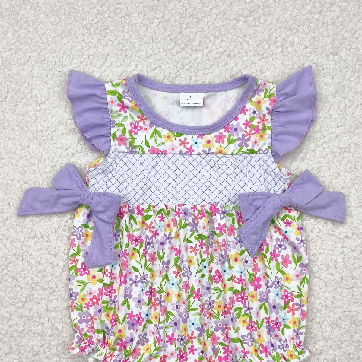 4.23 SR2928 RTS NO MOQ Baby Girls Summer Rompers Embroidery Baby Infant Girls Lavender Flutter Sleeves Floral Bows Top Ruffle Rompers