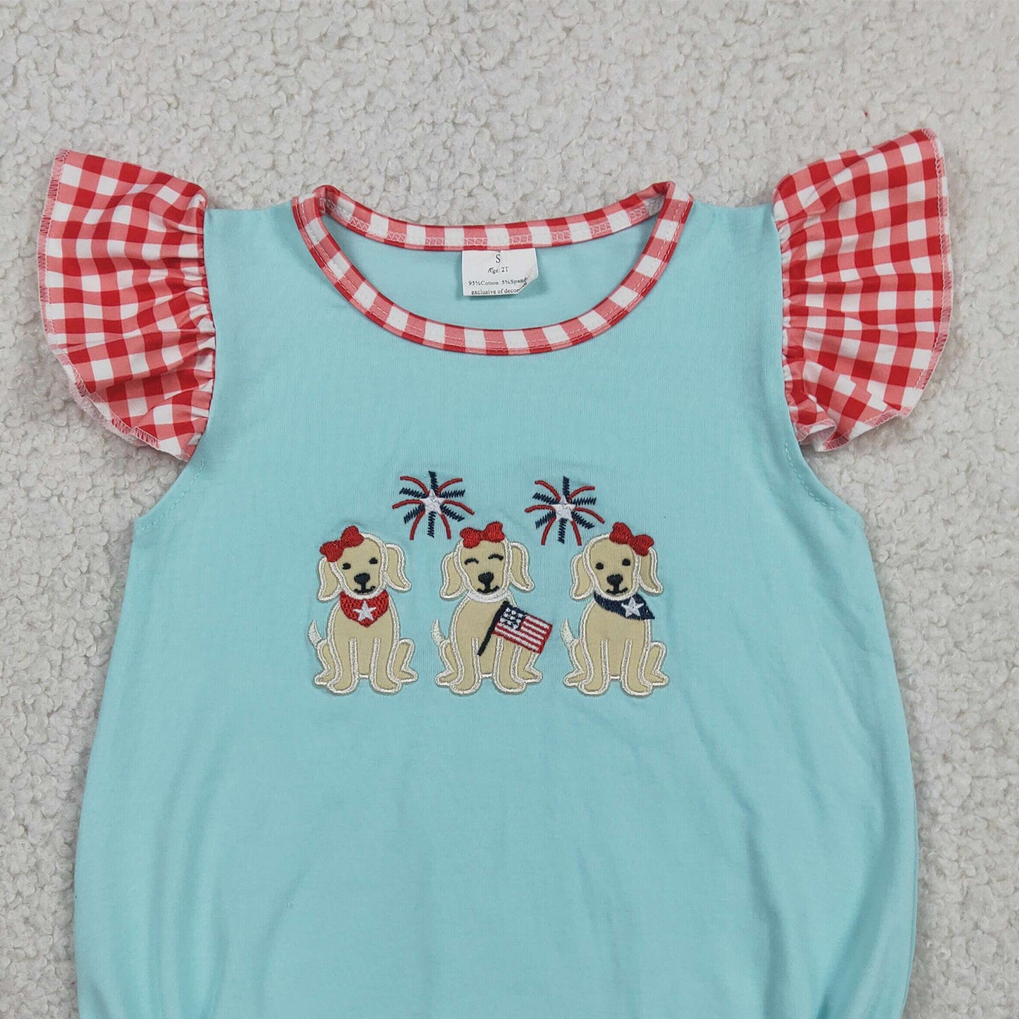 SR4051 RTS NO MOQ （In stock）Flutter sleeves flag dog embroidery girls 4th of july romper