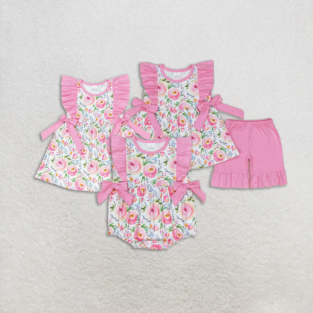 4.24 RTS NO MOQ Girls Pink Ruffles Floral Tunic Short Set Spring Summer Outfit Cute Children's Clothing Floral Print Ruffle Detailing