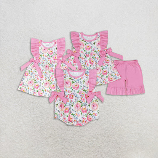 4.24 RTS NO MOQ Girls Pink Ruffles Floral Tunic Short Set Spring Summer Outfit Cute Children's Clothing Floral Print Ruffle Detailing