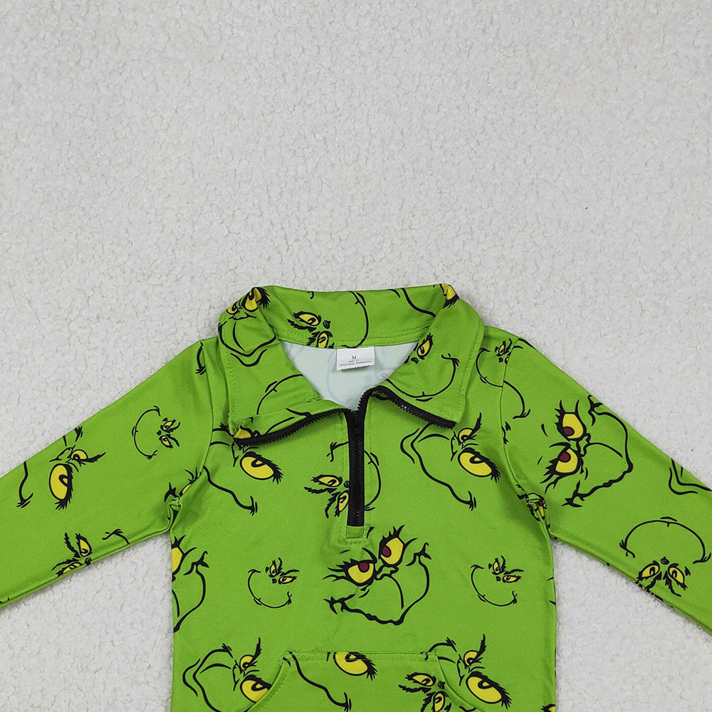 RTS NO MOQ （In stock）GT1170 Baby Girls Long Sleeve Tops Green Face Pockets Zipper Christmas Pullovers Tops