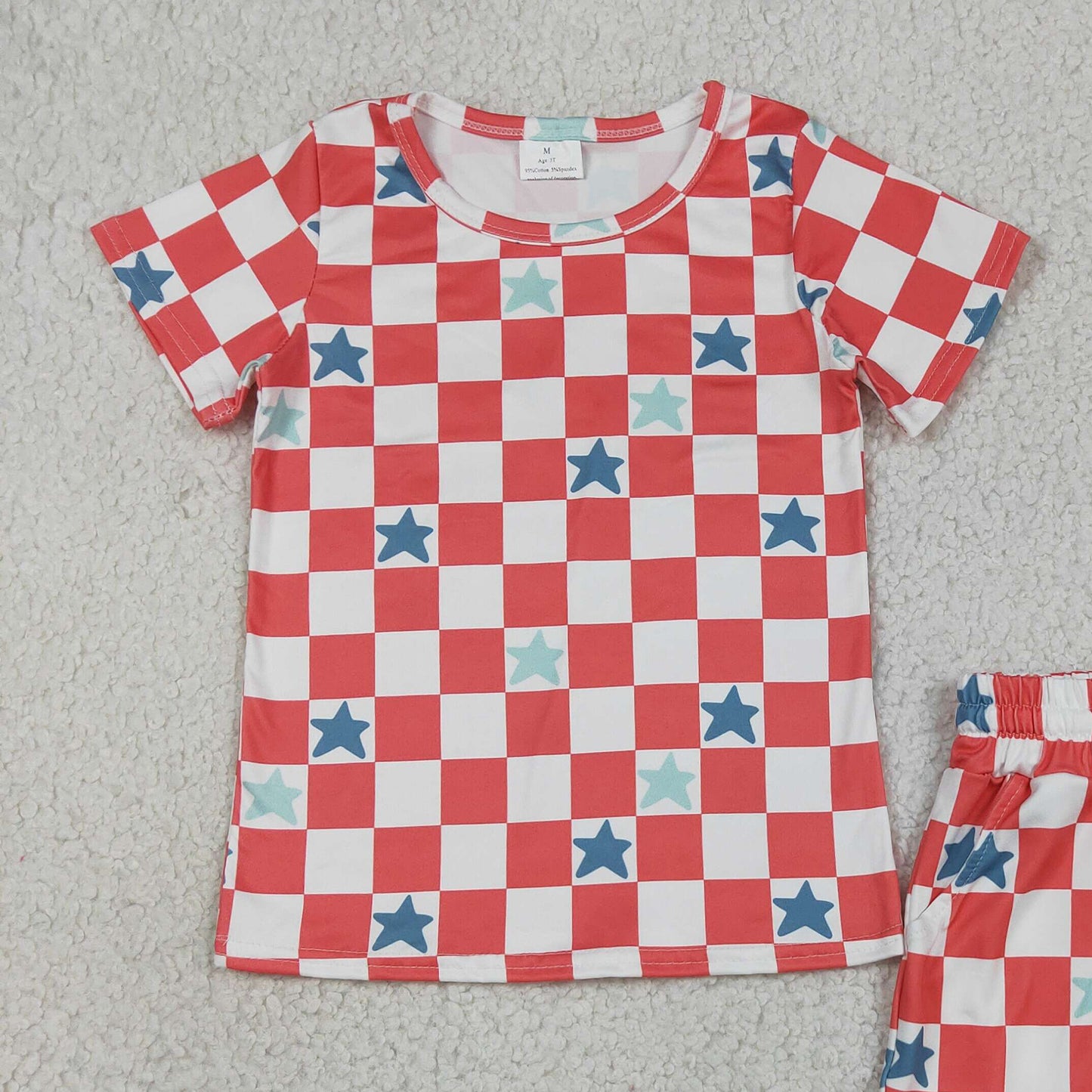 GSSO3293 RTS NO MOQ （In stock ）Baby Girls Red Checked Stars Top Pockets Ruffle Shorts 4th of July Clothes Sets