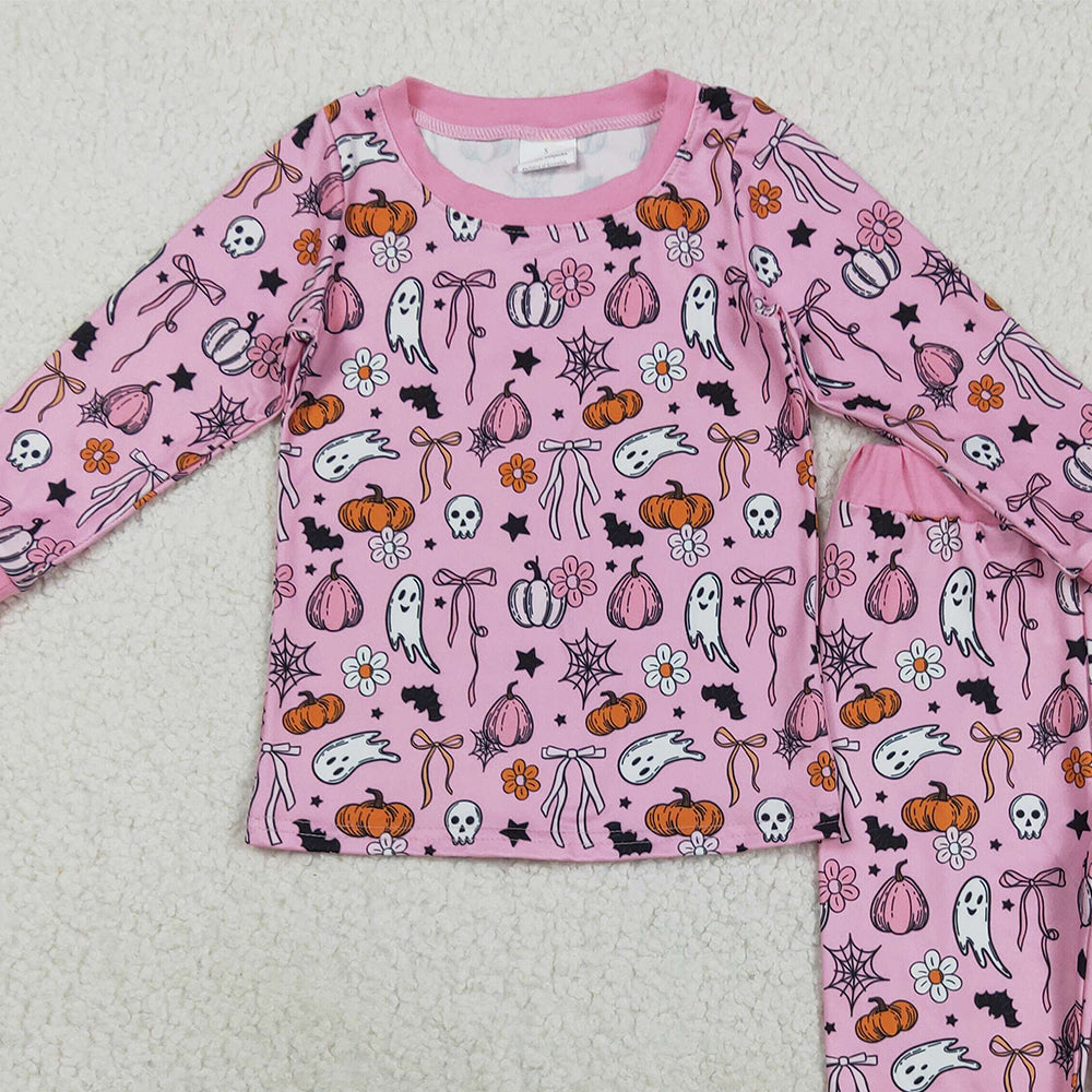 8.22 RTS NO MOQ （In stock）GLP2567 Baby Girls Winter Outfits Baby Girls Halloween Pink Ghost Pumpkins Top Pant Pajamas Sets