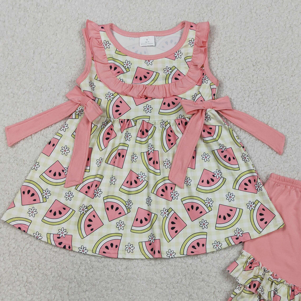2.4 RTS NO MOQ （In stock）GSSO3118 Baby Girls Green Checked Flowers Watermelons Tunic Ruffle Shorts Clothes Sets