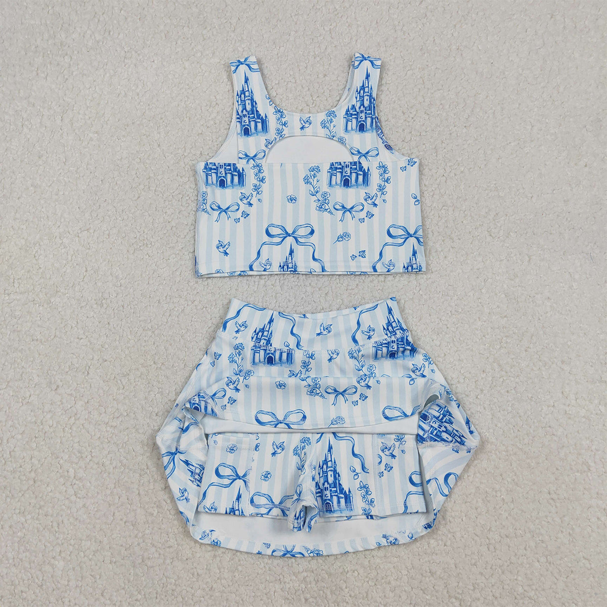 12.13 RTS NO MOQ （In stock）GSD3067 Baby Girls Blue Castles Bows Top Skirt Shorts Yoga Active Clothes Set