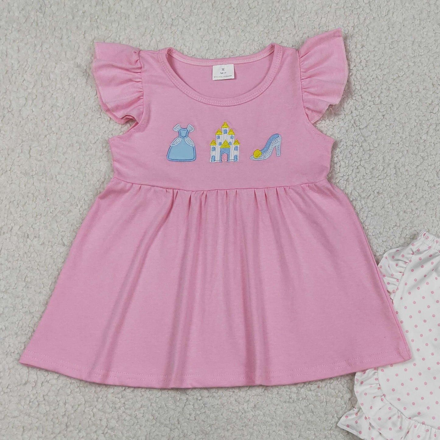 GSSO1186 RTS NO MOQ （In stock ）Embroidery Princess Baby Girls Flutter Sleeve Tunic Ruffle Shorts Clothes Sets