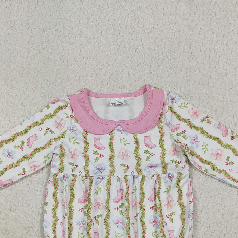 RTS NO MOQ （In stock）LR2324 Baby Girls Winter Rompers Baby Girls Christmas Gifts Floral Stripe Ruffle Rompers