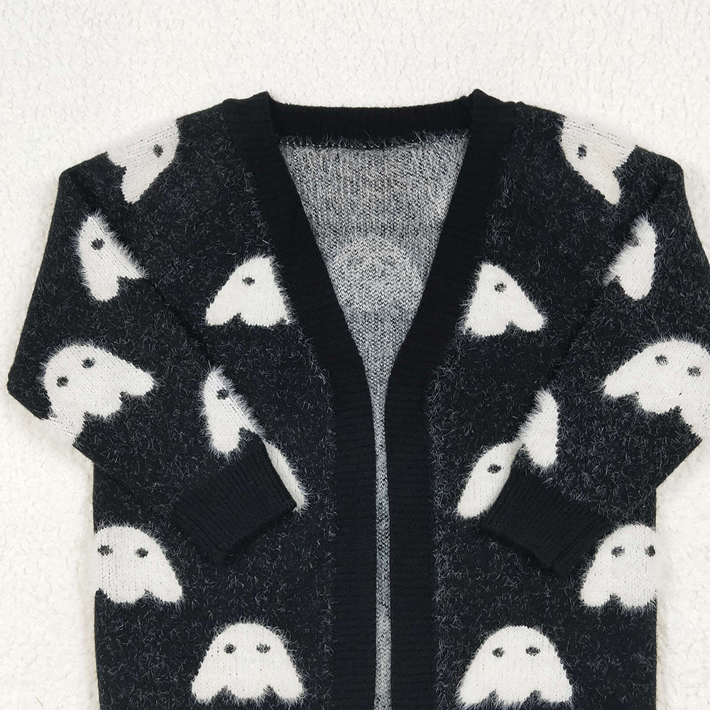 RTS NO MOQ （In stock） GT0649  Baby Girls Halloween Black Ghost Long Sleeve Sweaters Cardigans
