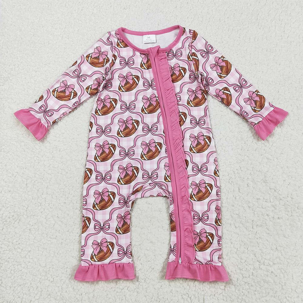 RTS NO MOQ （In stock）LR2361 Baby Girls Winter Rompers Baby Girls Pink Bows Footballs Ruffle Zipper Footie Rompers