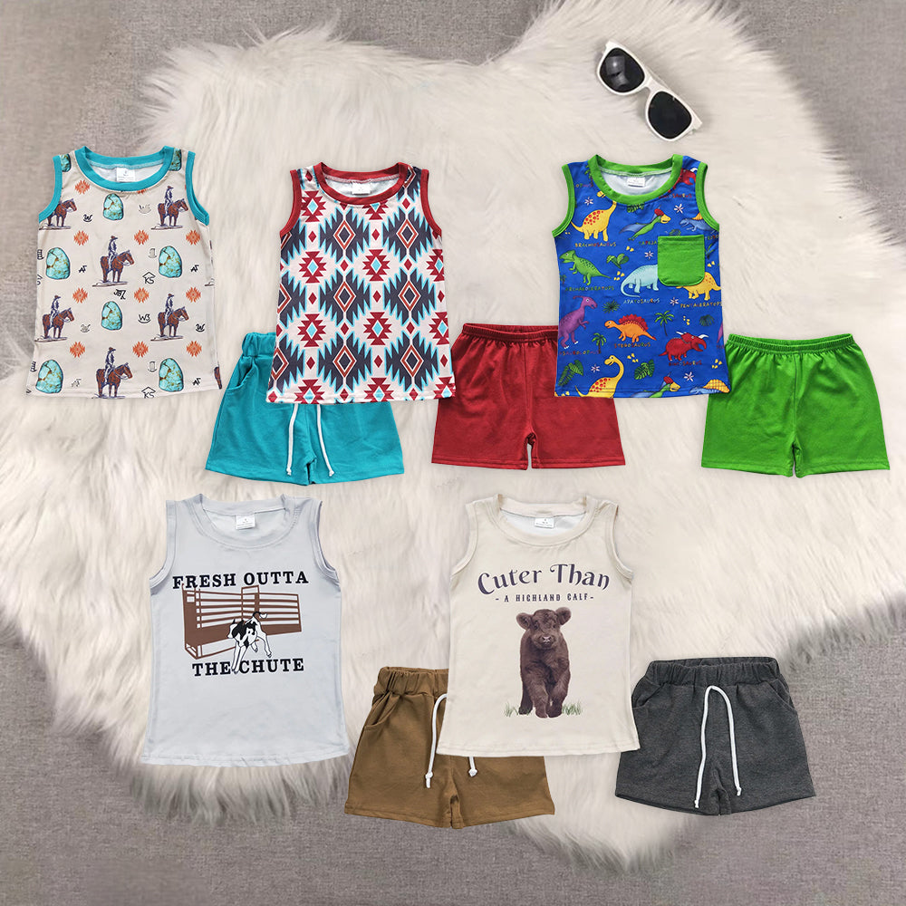 8.02 RTS Sibling Baby Boys Summer Boys Outfits Sleeveless horse rodeo aztec shirt shorts boy outfits