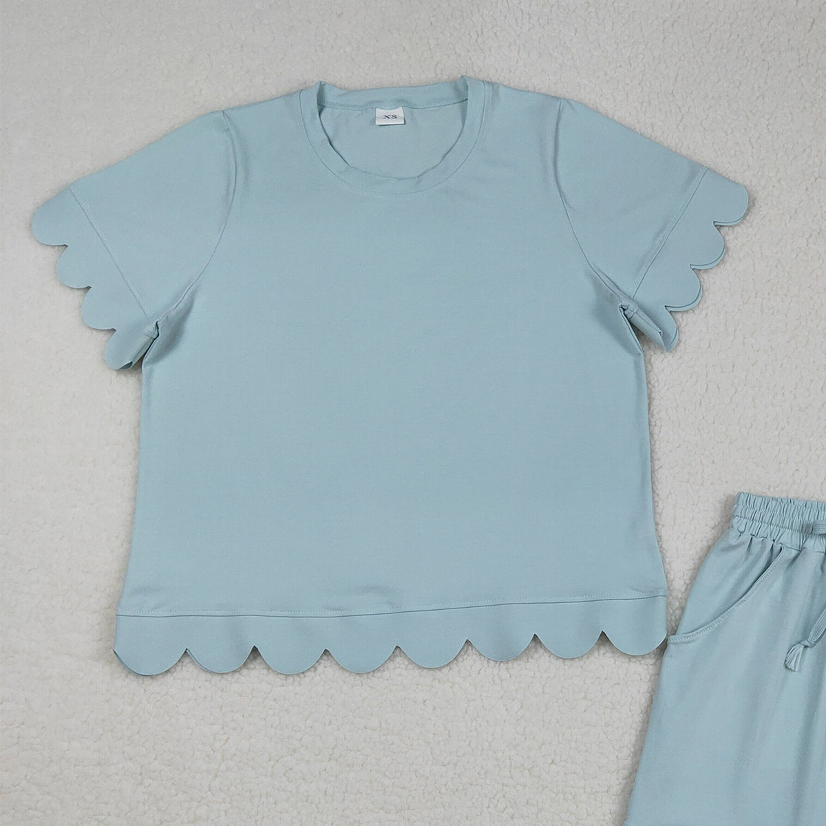 3.18 RTS NO MOQ （In stock）GSSO3202 Adult Women Summer Light Blue Shirts Top Scallop Short Clothes Sets