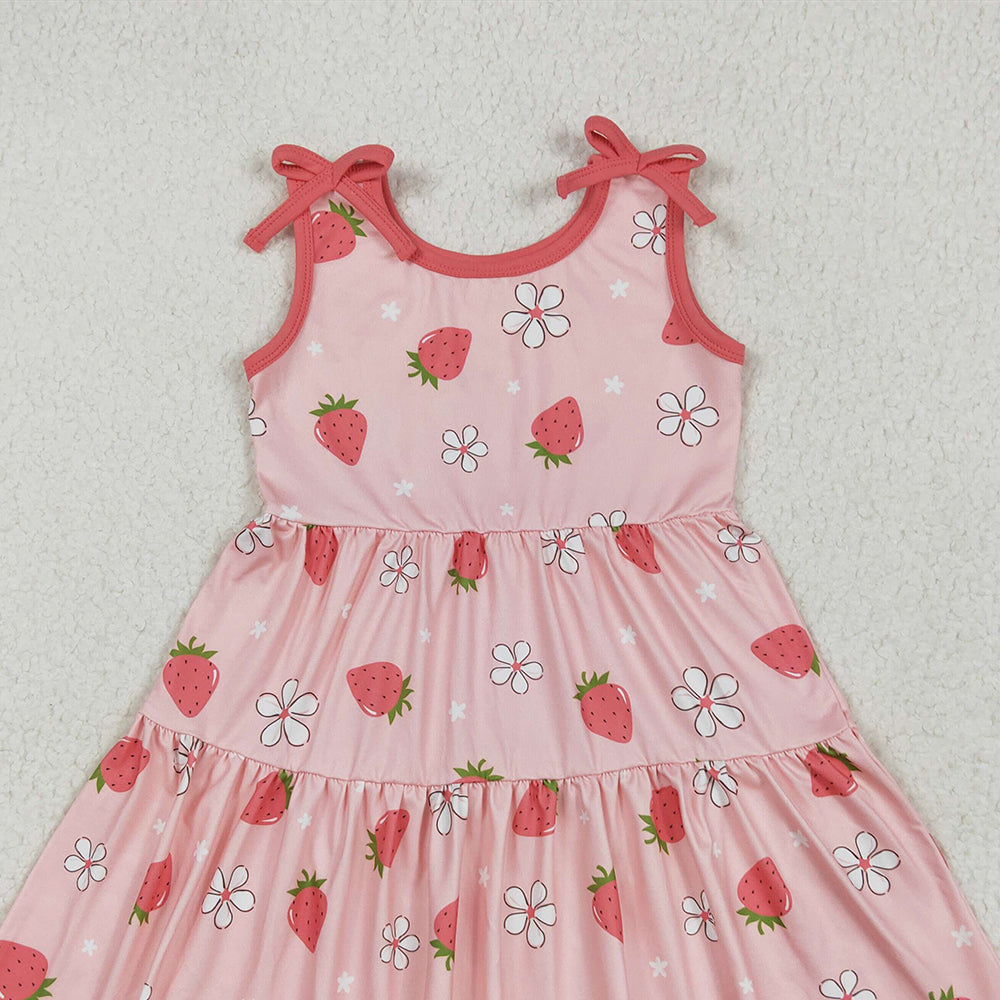 GSD2159RTS NO MOQ Baby Girls Summer Dress Strawberry Floral Patchwork Dress Sleeveless for Baby Girls Cute Print Summer Casual Wear for Little Girls
