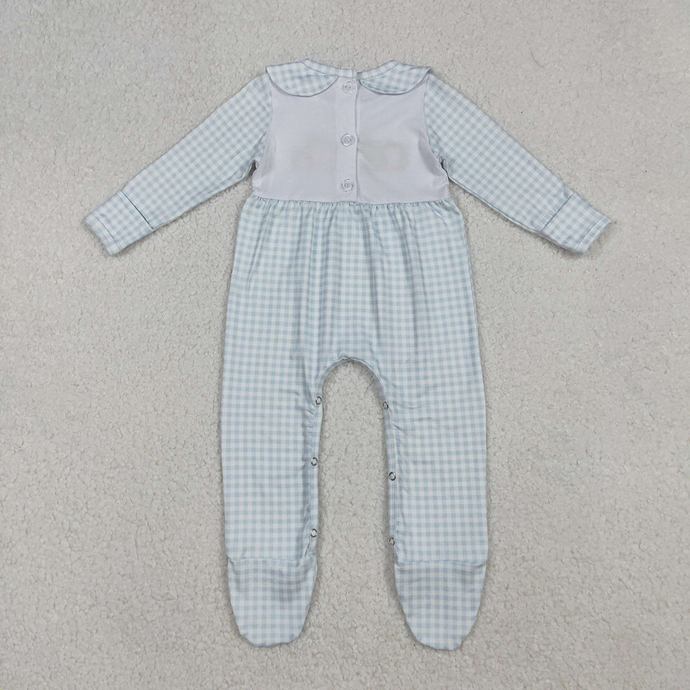 RTS NO MOQ （In stock）LR2560Baby Girls Winter Rompers Embroidery Pumpkins Blue Plaid Fall Footed Rompers