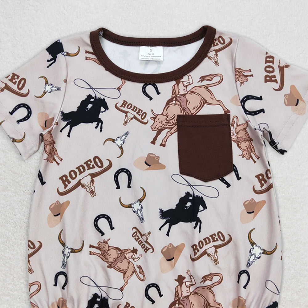 8.25 SR1358RTS NO MOQ Baby Boys Summer Romper rodeo riding brown pocket short sleeve jumpsuit