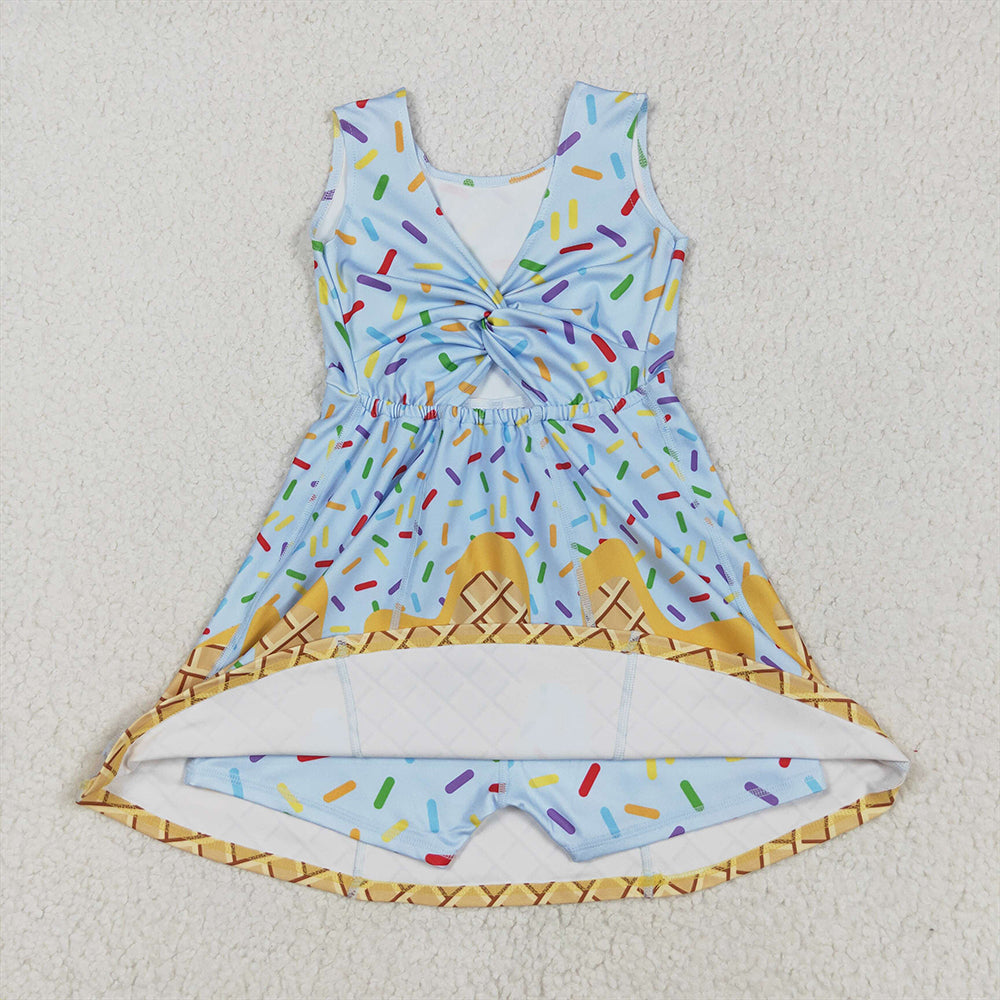 7.14 GSD2415RTS NO MOQ Baby Girls Summer Yoga Dress Baby Girls Blue Ice-cream Drip Yoga Skort Knee Length Dresses