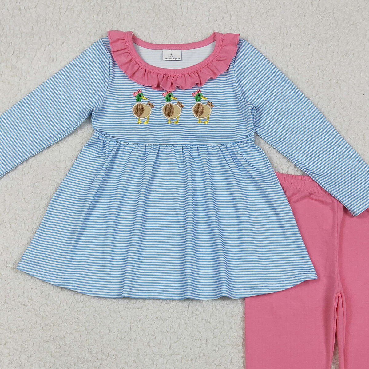 11.11 RTS NO MOQ （In stock）GLP2923 Embroidery Bows Ducks Baby Girls Stripe Tunic Legging Pants Clothes Sets