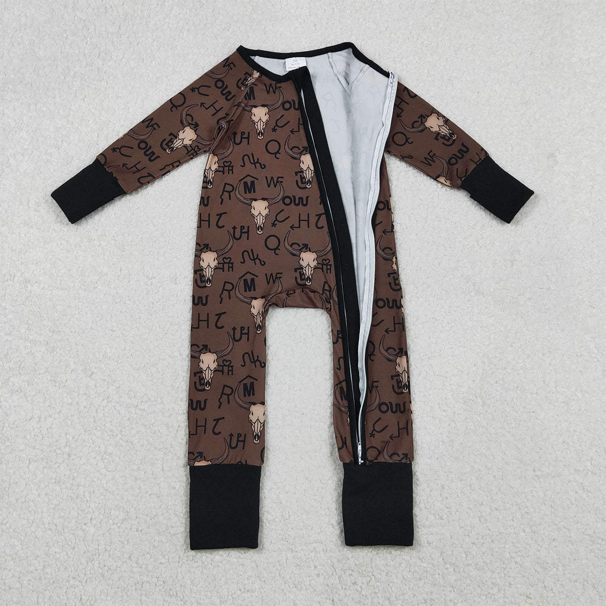 11.8 RTS NO MOQ （In stock）LR2591 Baby Boys Winter Rompers Baby Boys Brown Bull Skulls Western Two Way Zipper Convertible Rompers