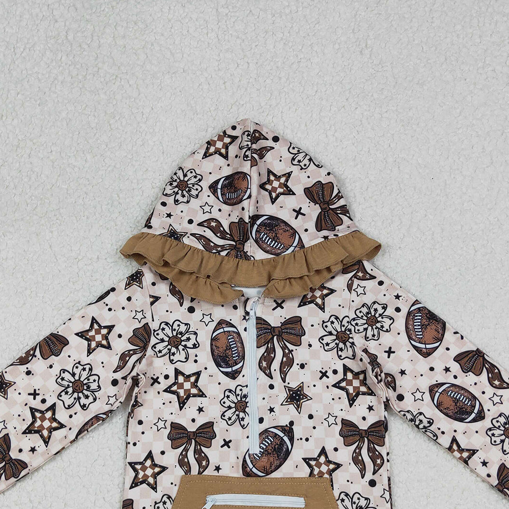 9.27 RTS NO MOQ （In stock）GT1152 Baby Girls Long Sleeve Tops Baby Girls Football Flowers Checked Pocket Zipper Team Ruffle Hoodies Top