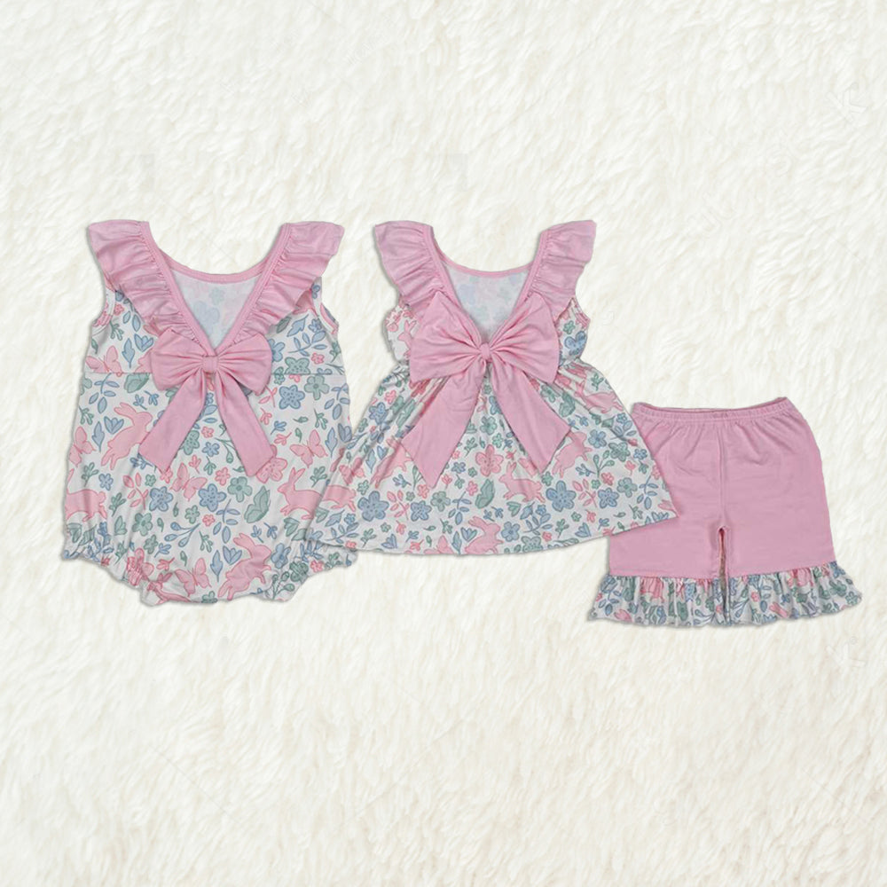6.05 Girls Pink Ruffle Floral Bunny Tunic Short Set Easter Outfit Spring Clothing Set for Kids