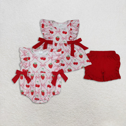 4.26 RTS NO MOQ Girls Ruffle Bow Strawberry Tunic Short Set Spring Clothing Cute Children's Outfit with Flared Skirt And Top