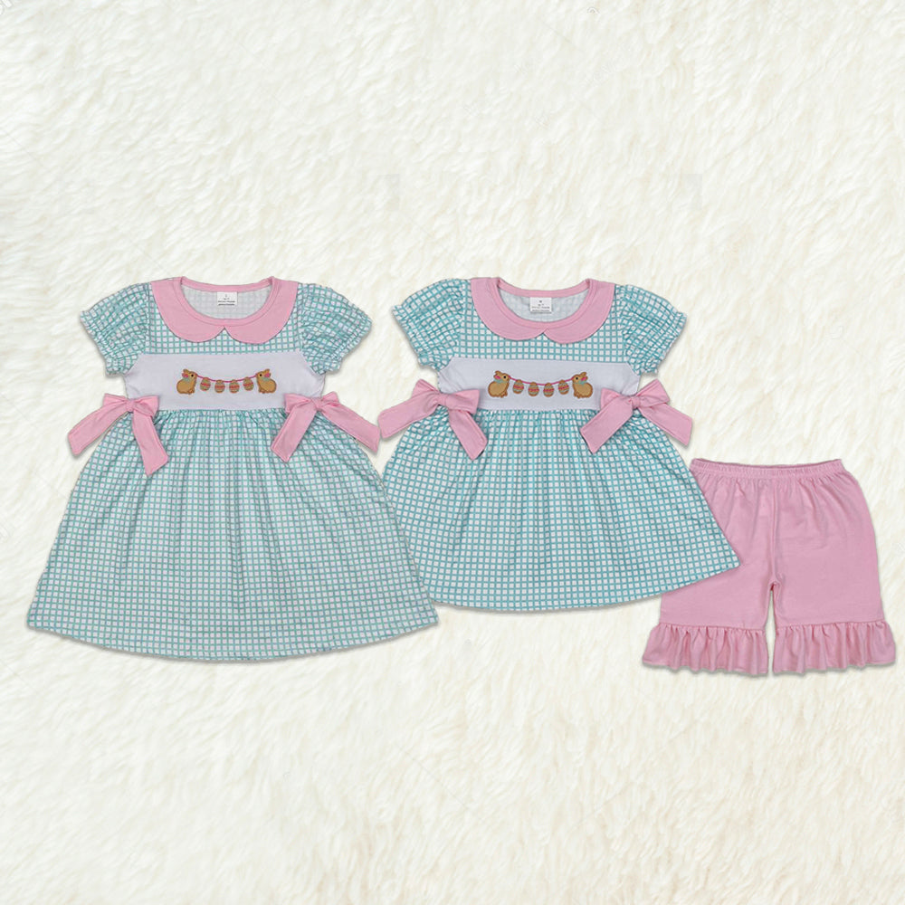 6.05  Girls Plaid Bunny Eggs Tunic Ruffle Shorts Outfit Easter Themed Clothing Set for Kids
