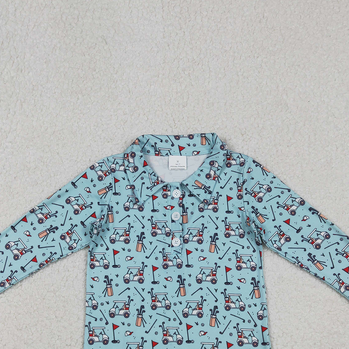 10.28 RTS NO MOQ （In stock）BT1404 Baby Boys Blue Long Sleeve Golf Trucks Button Polo Shirts Top