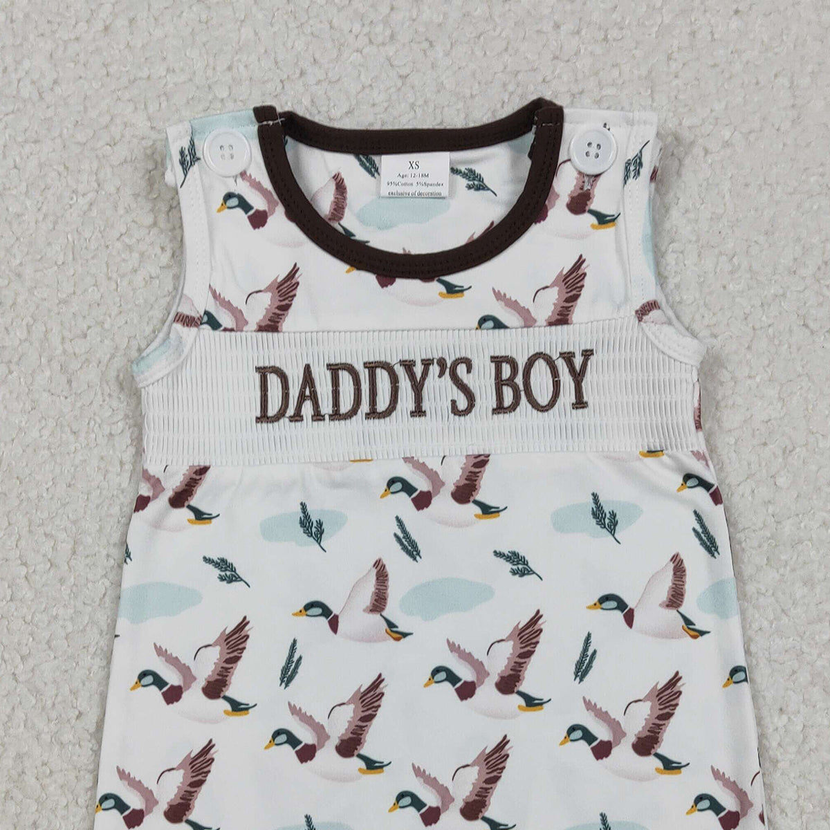 12.18 RTS NO MOQ （In stock）SR3347 Baby Boys Rompers Smocked Daddy's Boy Baby Sleeveless Ducks Hunting Short Rompers