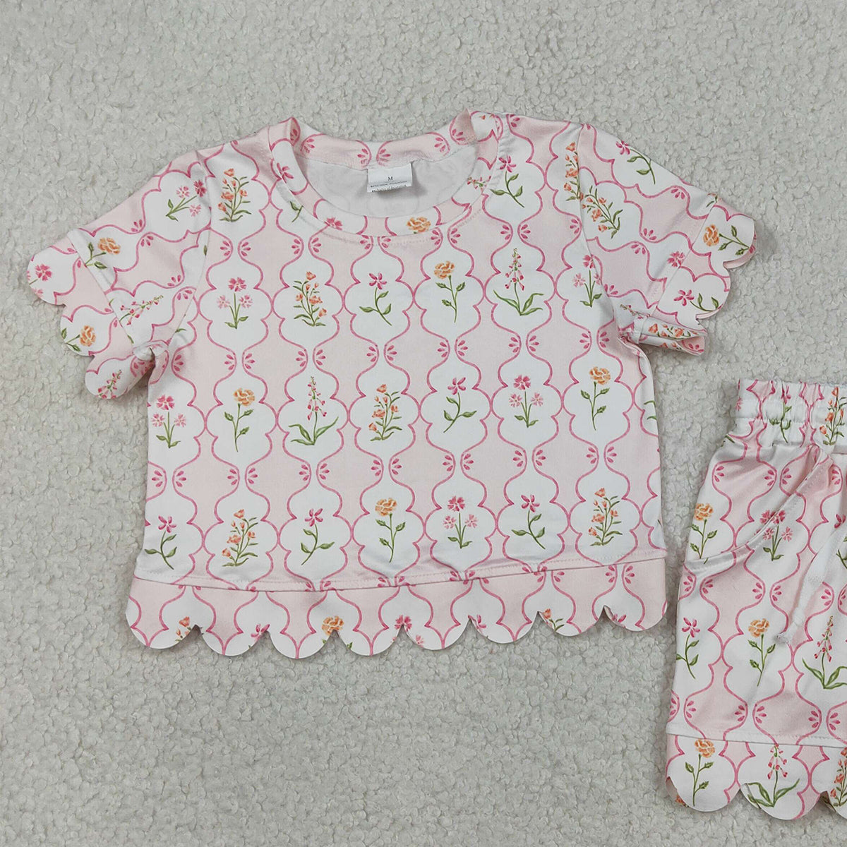 3.27 GSSO3271 RTS NO MOQ （In stock ）Short sleeves pink floral scallop kids girls summer outfits