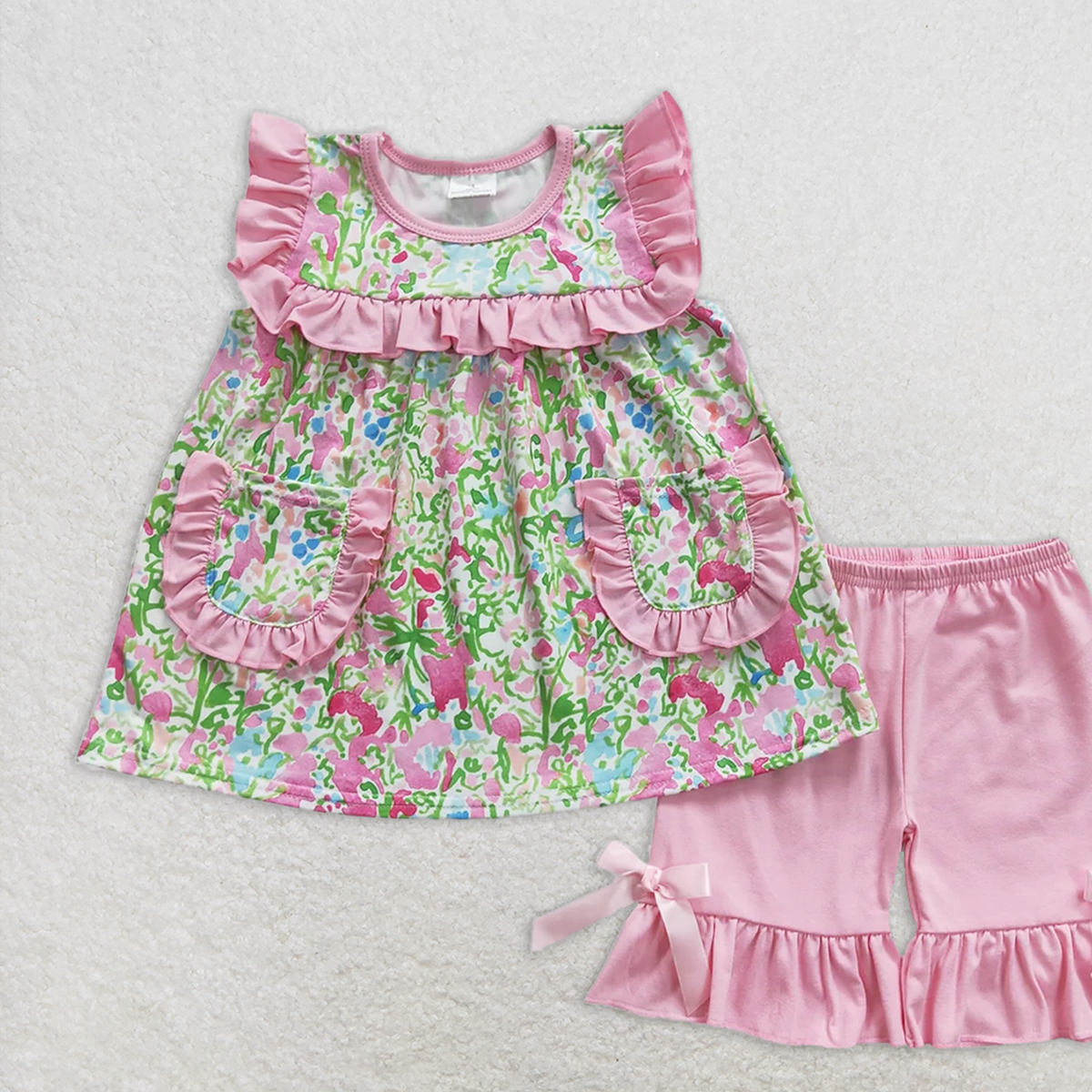 7.18   GSSO0338 RTS NO MOQ Baby Girls Summer Outfits Floral Pink Lace Pocket Sleeveless Shorts Set