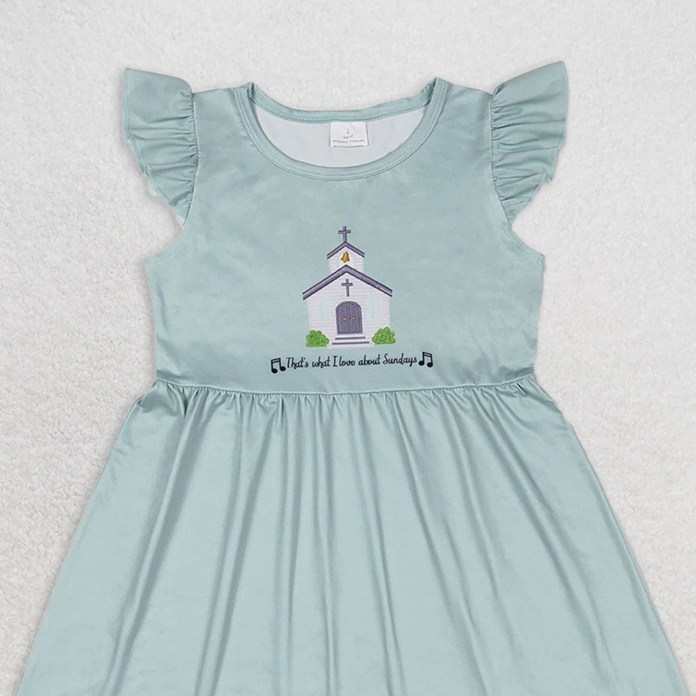 GSD1156 RTS NO MOQ Baby Girls Summer Dress Church letter blue green flying sleeve dress