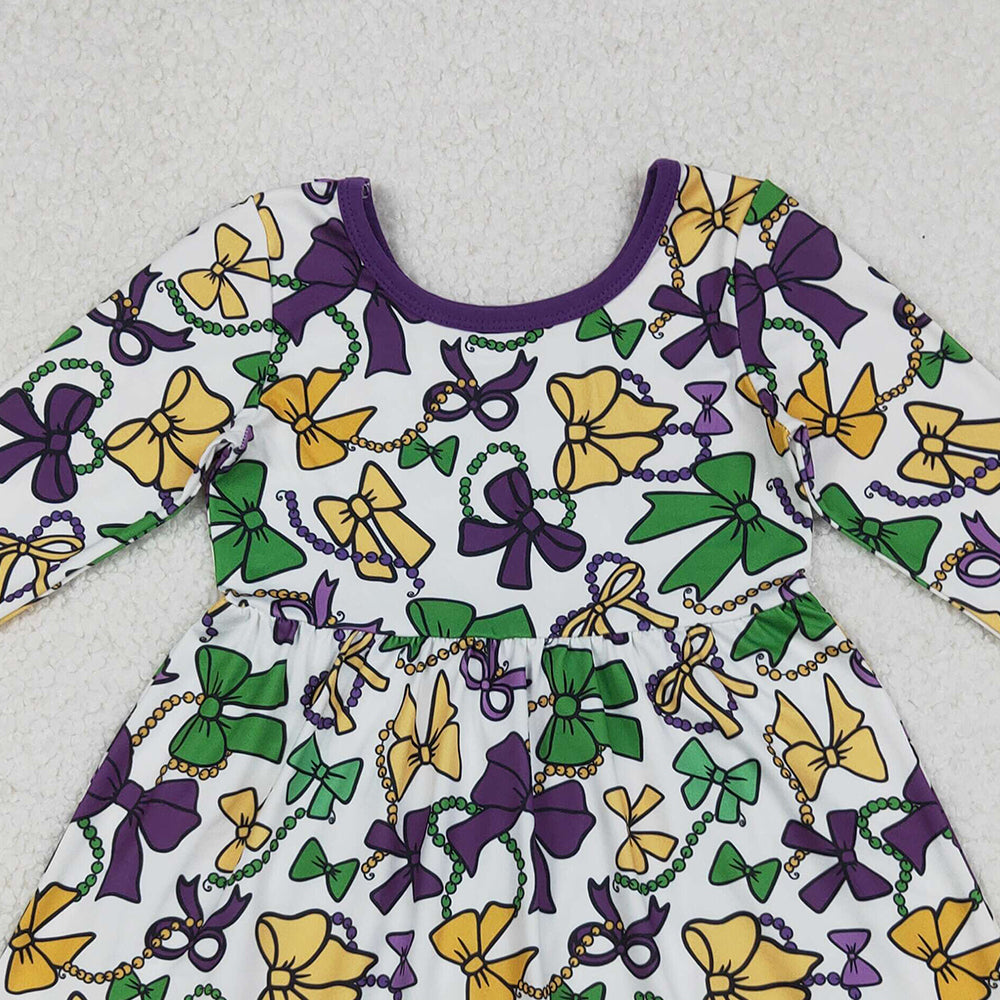 10.10 RTS NO MOQ （In stock）GLD1320 Baby Girls Winter Dress Baby Girls Mardigras Bows Masks Ruffle Knee Length Dresses