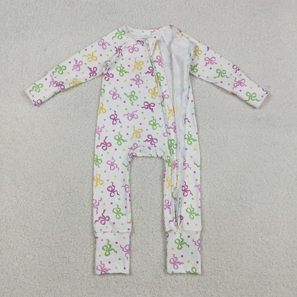 12.2 RTS NO MOQ （In stock）LR2735 Baby Girls Winter Rompers Baby Girls Mardigras Bows Polka Dots Two Way Zip Convertible Rompers