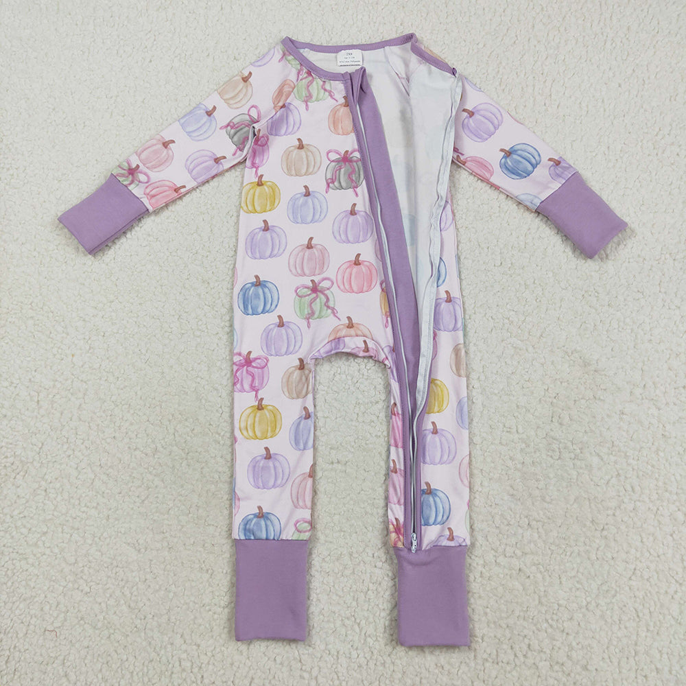 8.21 RTS NO MOQ （In stock）LR2442 Baby Girls Winter Rompers Baby Girls Colorful Bows Pumpkins Fall Zipper Footie Rompers