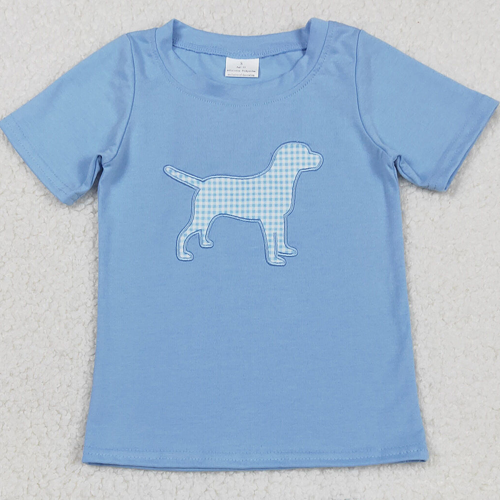 RTS NO MOQ （In stock）GBO0470 Baby Girls Summer Outfits Embroidery Dog Baby Boys Blue Shirts Top Bummies Clothes Sets