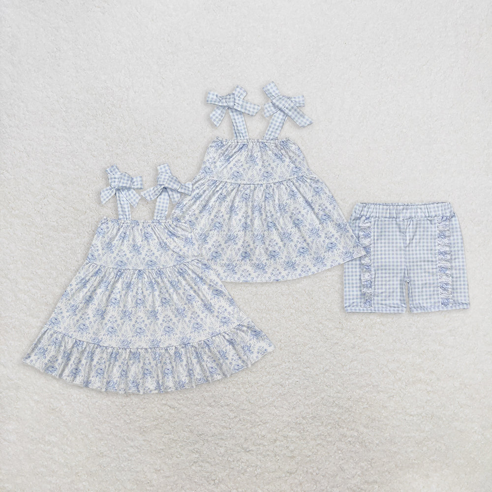 6.24 RTS NO MOQ Baby Girls Blue Flowers Straps Tunic Ruffle Shorts Clothes Sets dress
