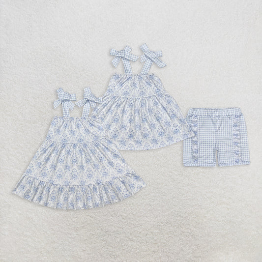 6.24 RTS NO MOQ Baby Girls Blue Flowers Straps Tunic Ruffle Shorts Clothes Sets dress