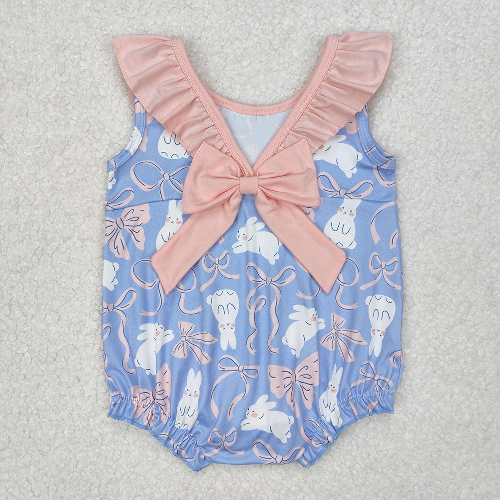 SR2583Baby Girls Sleeveless Ruffle Bunny Bow Romper Easter Outfit Spring Summer Casual Comfortable Clothes for Infants