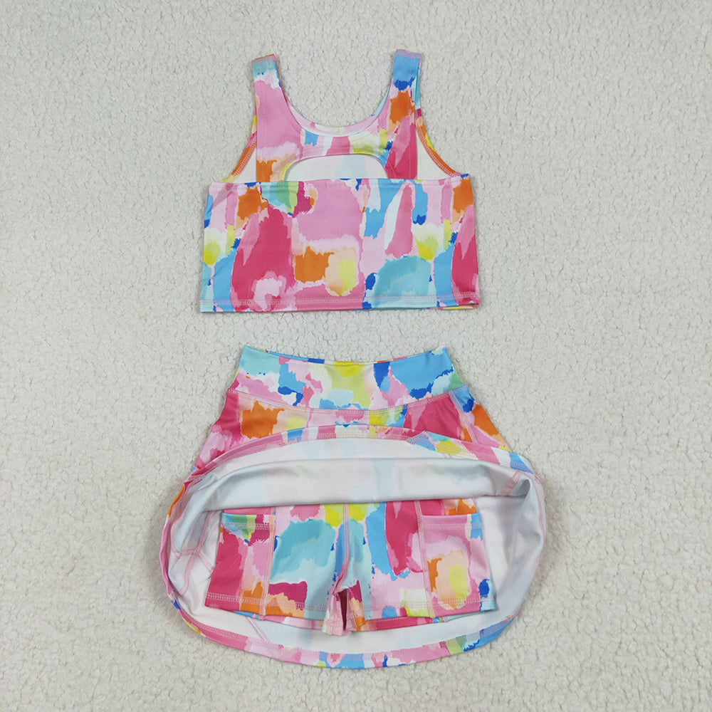 8.15 GSD2625 RTS NO MOQ Baby Girls Yoga Outfits Baby Girls Sleeveless Watercolor Camo Vest Top Short Skirts Yoga Set