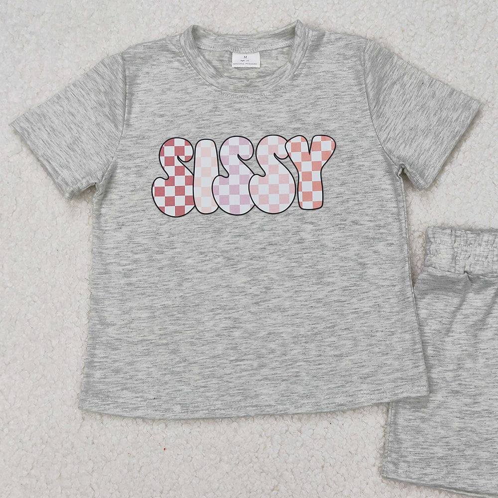 6.03  GSSO2135  New Rts No Moq 8-9 Days By Air Arrived it Grey short sleeves plaid sissy top shorts kids girls clothes