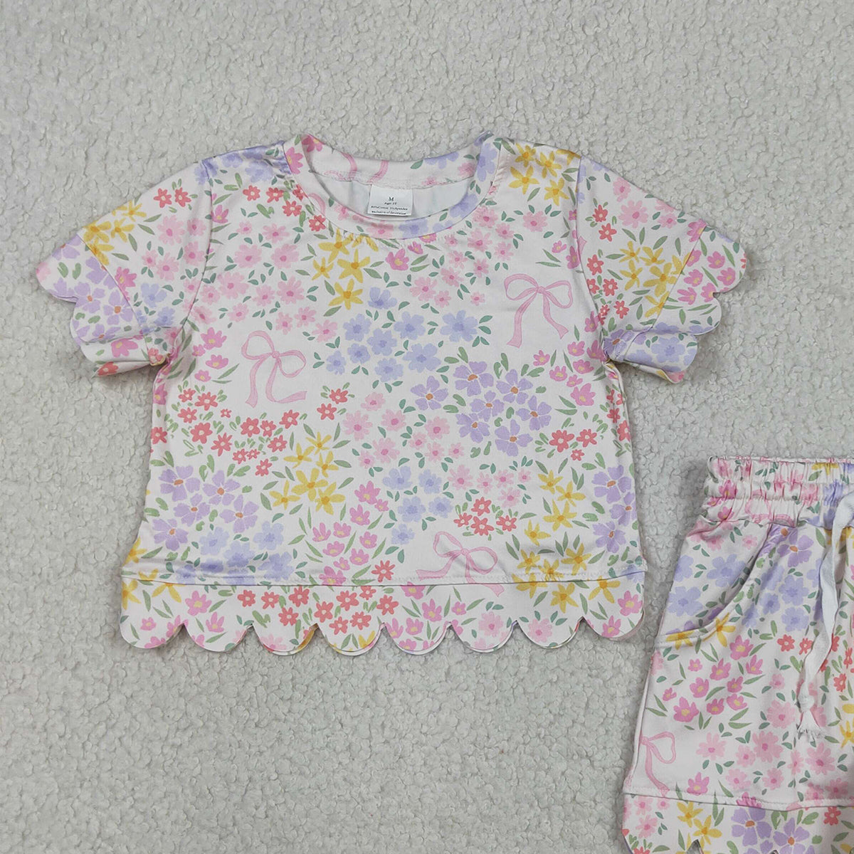 GSSO3270 RTS NO MOQ （In stock ）Short sleeves pink bow floral scallop kids girls summer outfits