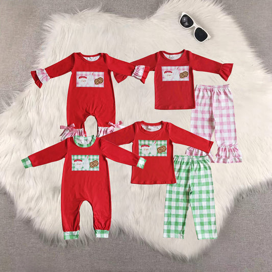 8.21 RTS Sibling Baby Boys Girls Santa milk biscuit shirt plaid ruffle pants girls Christmas clothes rompers