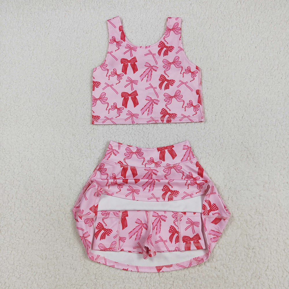 RTS NO MOQ （In stock）GSD2459 Baby Girls Yoga Outfits Baby Girls Sleeveless Pink Bows Top Skorts Yoga Sets