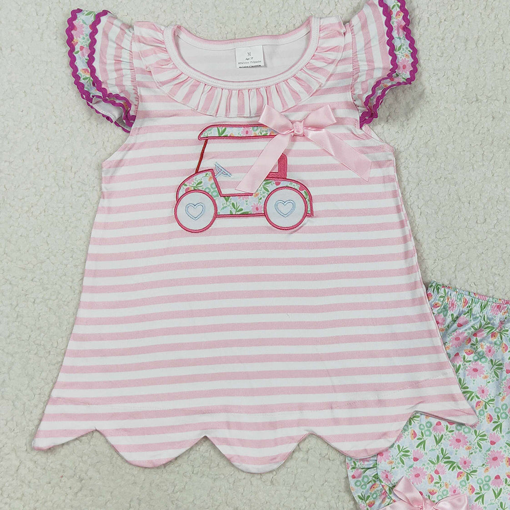 RTS NO MOQ （In stock）GSSO2633 Baby Girls Summer Outfits Embroidery Baby Girls Flutter Sleeves Floral Golf Truck Tunic Ruffle Short Set