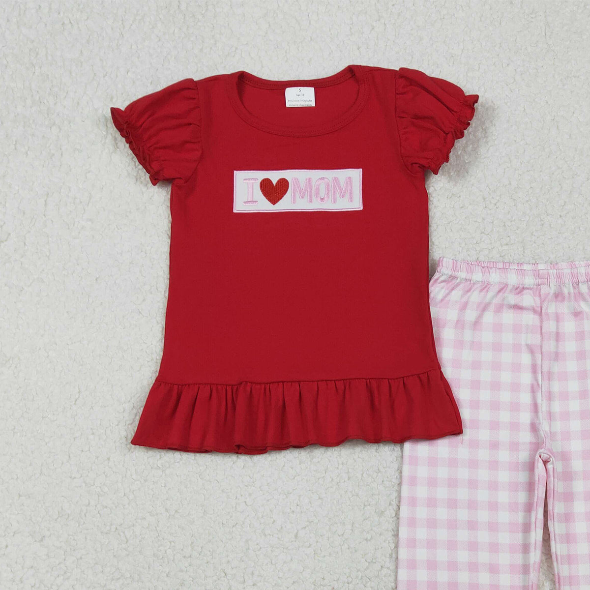 10.27 RTS NO MOQ （In stock）GSPO2071 Embroidery I Love Mom Baby Girls Shirts Checked Ruffle Pants Clothes Sets