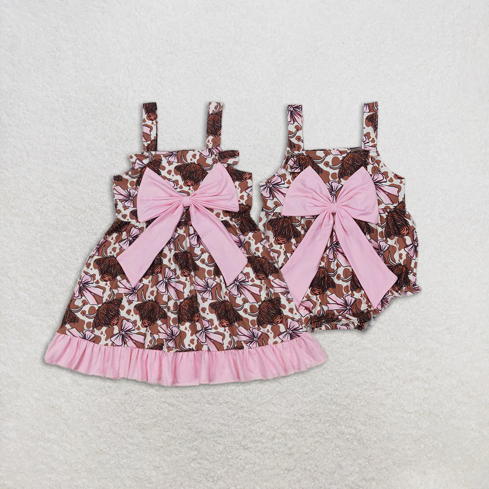 4.21 RTS NO MOQ Highland Cow Bow Ruffle Western Baby Girls Dress Straps Cute Animal Theme Girls Clothing