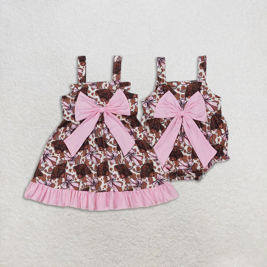 4.21 RTS NO MOQ Highland Cow Bow Ruffle Western Baby Girls Dress Straps Cute Animal Theme Girls Clothing